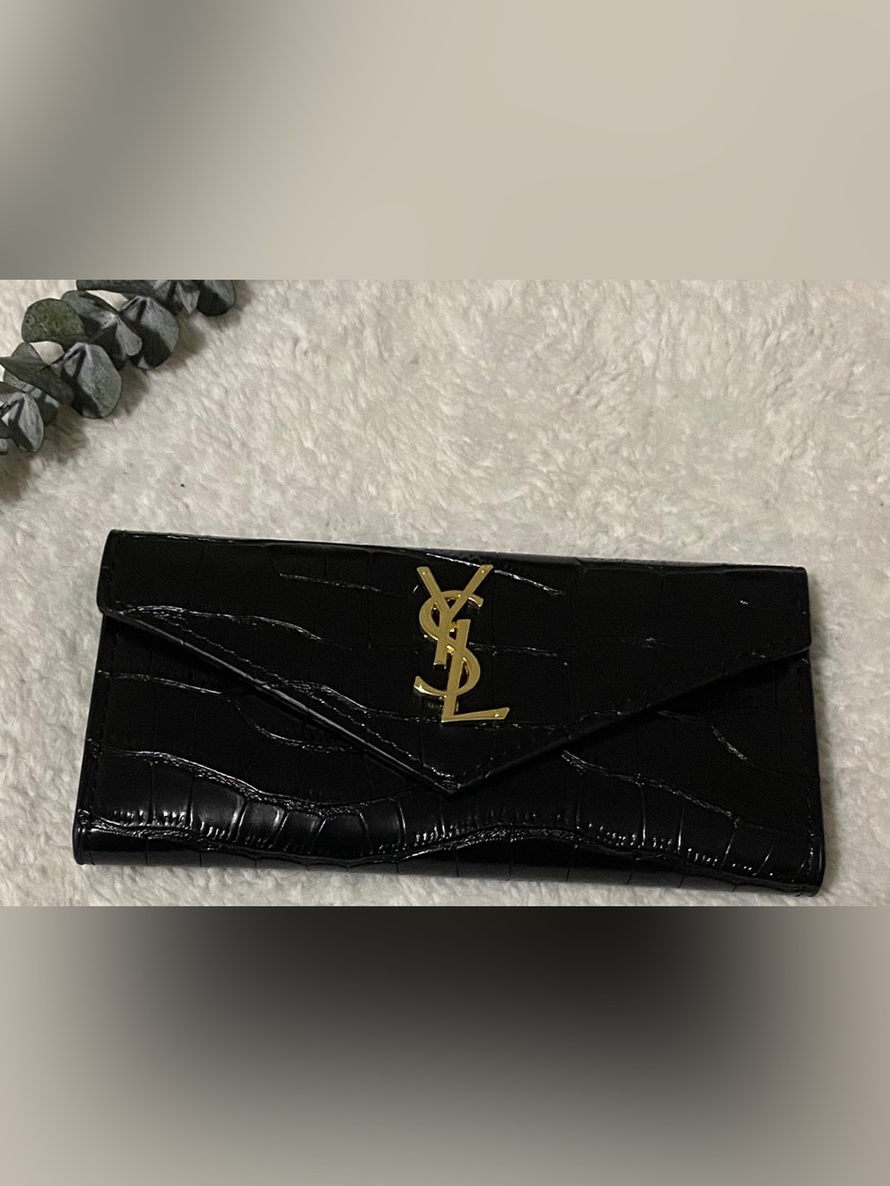 Black Croc-Embossed Envelope Clutch with Gold Monogram